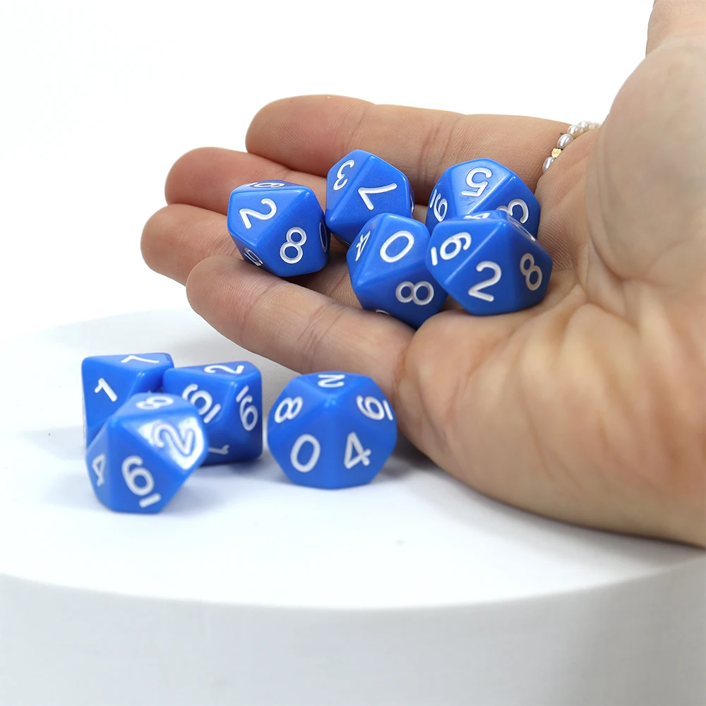 Factory supply d10 polyhedral bright blue dice white number 1 to 10 bulk eco friendly acrylic custom color for casino board game