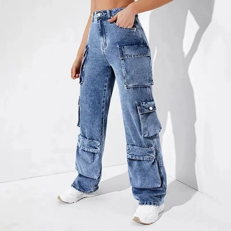 OEM Manufacturer Pocket High Waist Streetwear Baggy Denim Ladies Long Wide Cargo Pant For Women Jeans