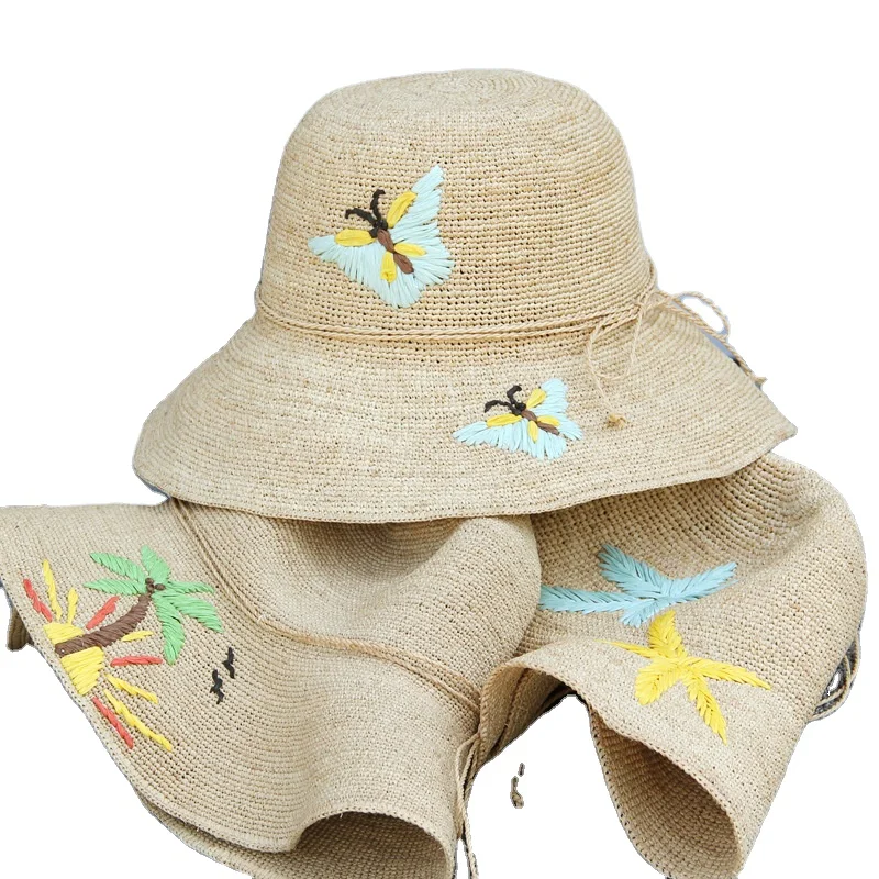 Sun Hats Women butterfly embroidery Wide Brim raffia beach hats for women summer straw Foldable Packable hat for Travel Outdoor