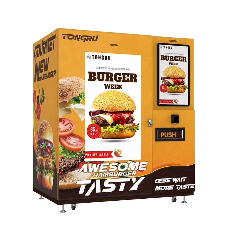 hot food/hamburger vending machine automatic with 2 touch screens and lift microwave oven system