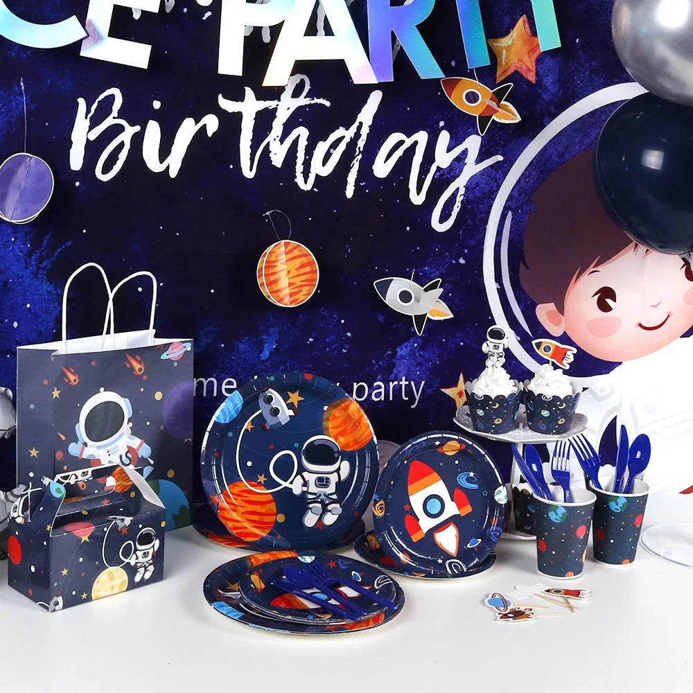  Space Birthday Party Supplies Happy Banner Cupcake Toppers Rocket Universe Planet