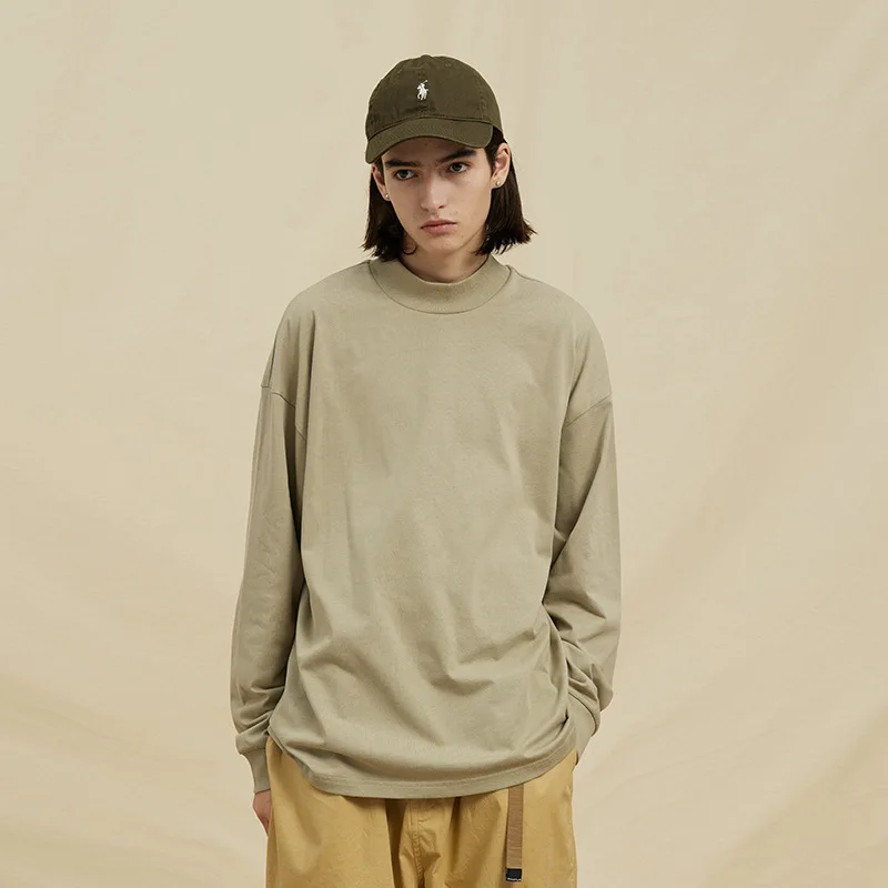 GL250 OEM CUSTOM FOG 250gsm Streetwear Oversized Mock Neck T shirt Cotton Unisex Long Sleeve Blank Heavyweight T-shirt