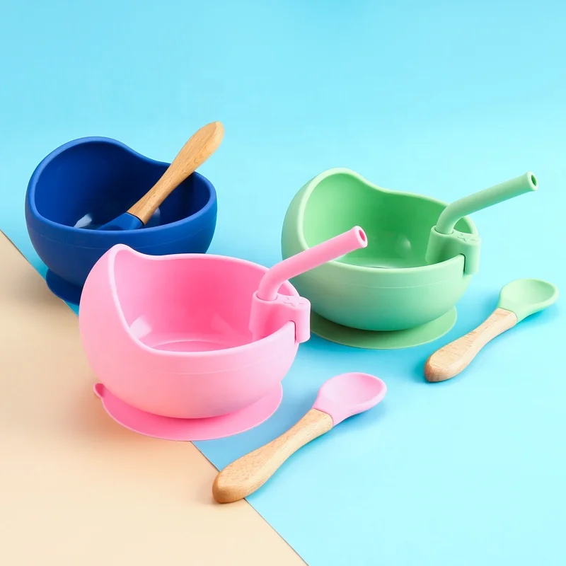 Food Grade BPA Free Soft Baby Bowl Unbreakable Suction Feeding Baby Silicone Bowl and Spoon Set for Gift