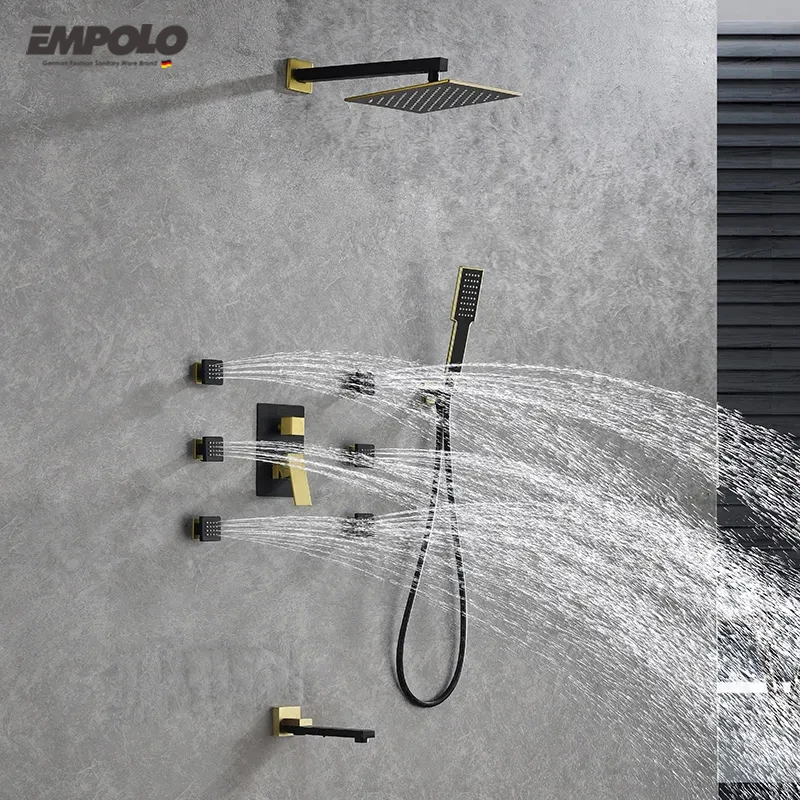 Empolo Modern Wall Mounted Bathroom Rain Shower Trim Set Contemporary Concealed Thermostatic Shower Faucet System with 6 Jets