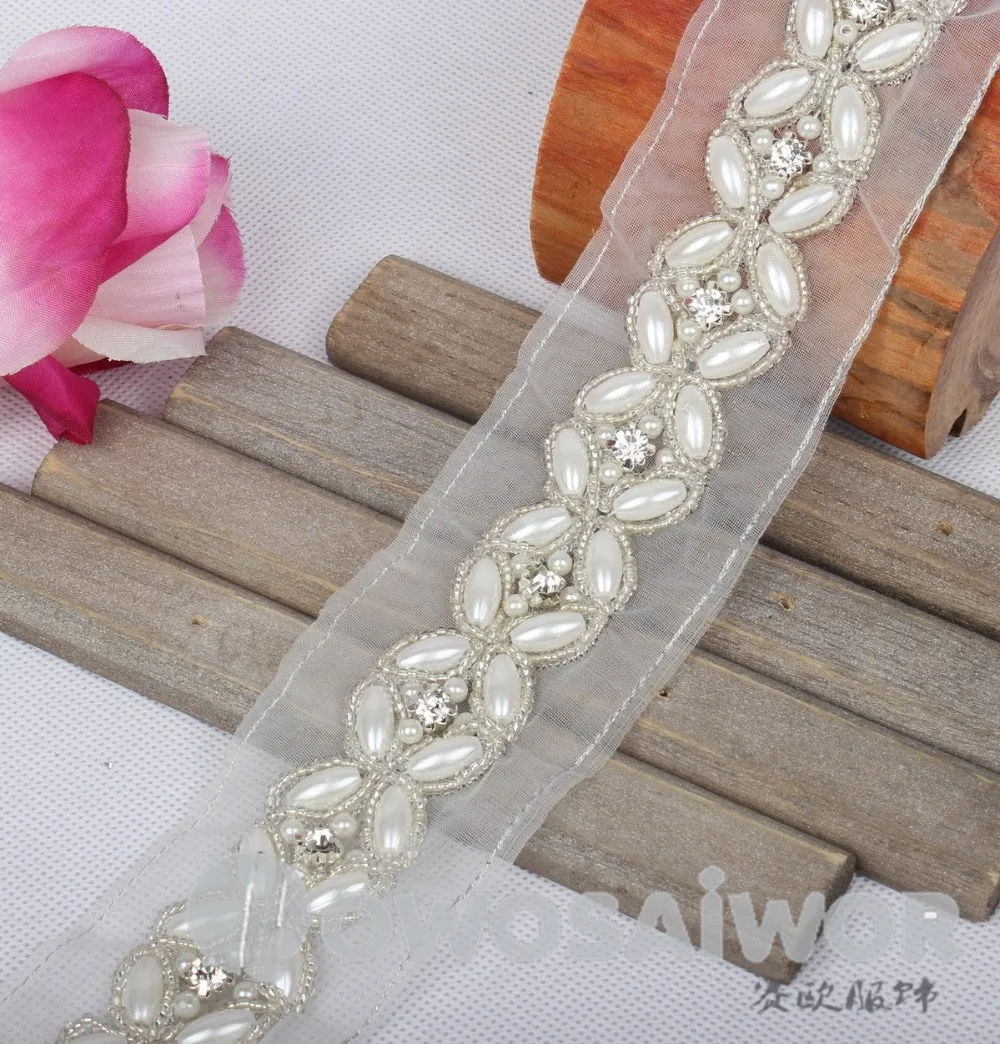 Imitation Pearl Rhinestones Lace Beaded Trim Lace Crystal Applique patch for Dress LO10026