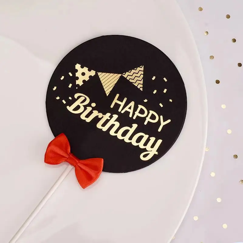Black card bronzing Printing  with bow tie cake Topper   Happy birthday cake Decoration Make a Cake Topper