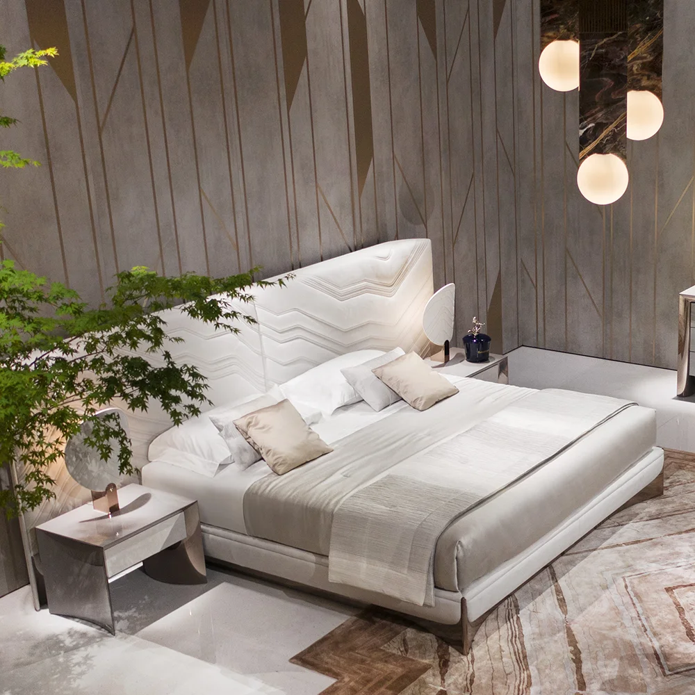 Italy Design Luxury Wide High Headboard Bed White Leather King Size