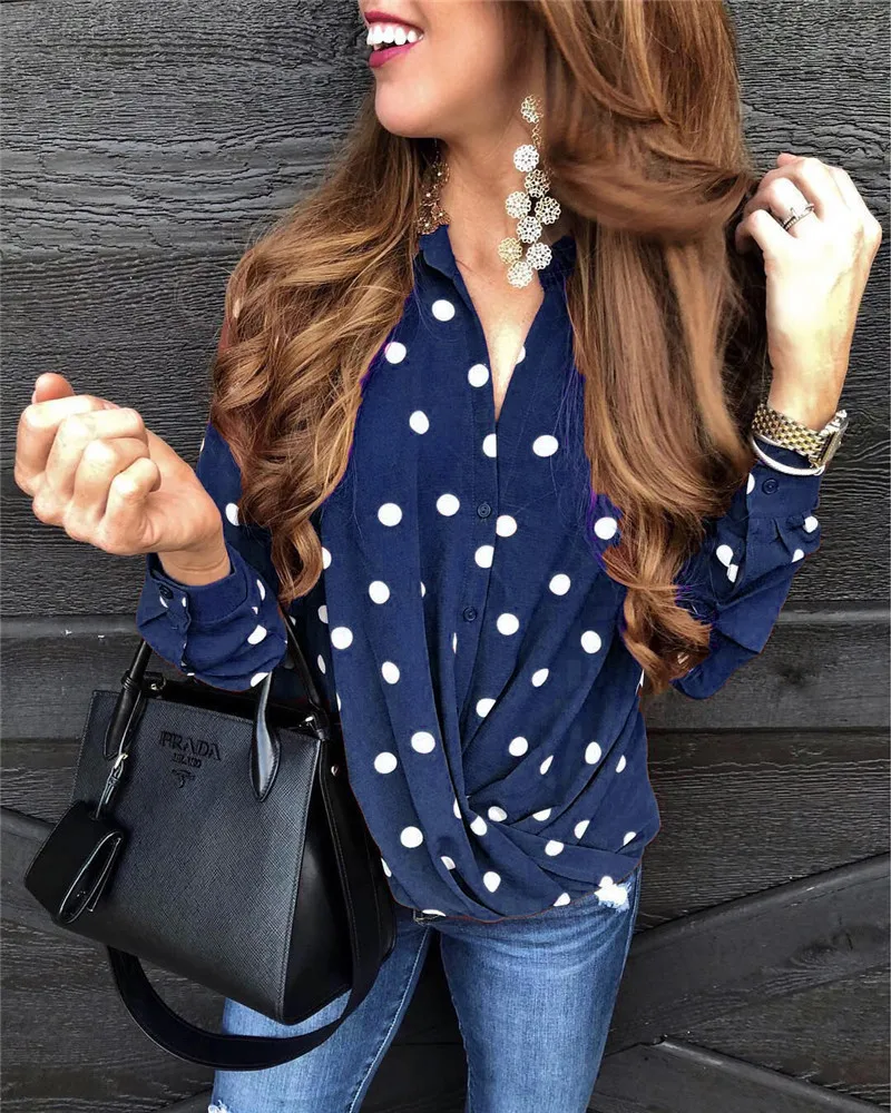 Новинка Осень-зима 2021, модная блузка в горошек с воротником, длинными рукавами и пуговицами