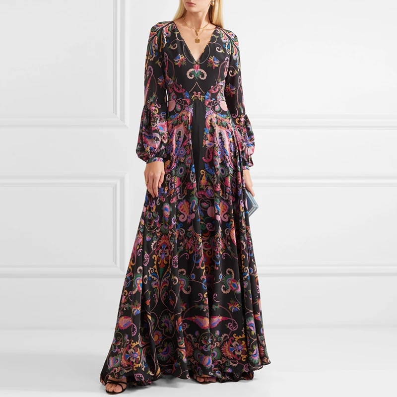 Длинный женский халат Fluide сезон: весна-лето в богемном стиле с цветочным принтом женское длинное платье пол для девочек бисером набивной рисунок платья из шифона и удлиненным шлейфом