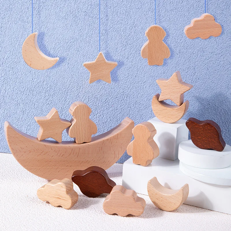 Eco-friendly Solid Wood  Montessori  Stars Moon Stacked Blocks Balance Building Blocks Educational Toy for Toddlers