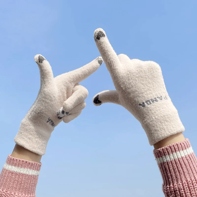 Cute panda plush cycling outdoor ladies riding touchscreen knitted warm women gloves for winter