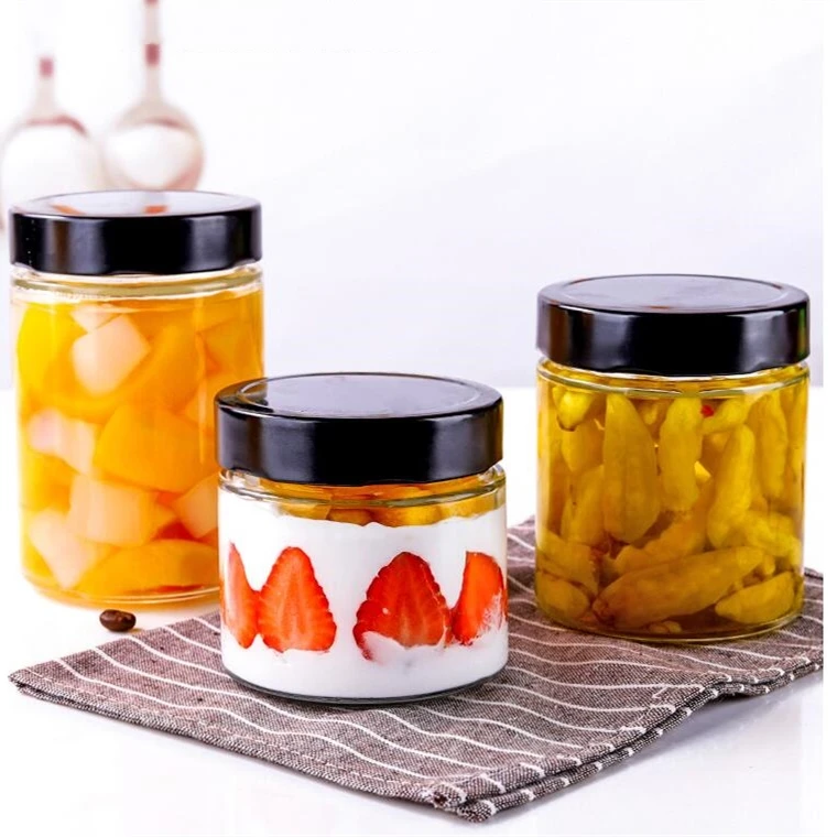 Wholesale 100ml 150ml 180ml 220ml Clear Straight side Food glass jar with black deep metal lid