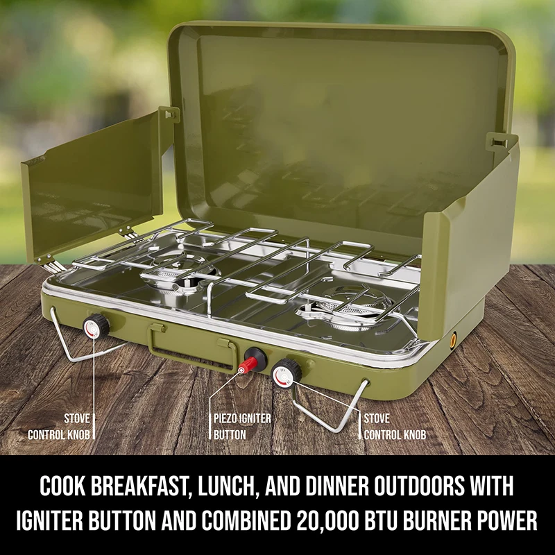 Kingpool 2 Burner Foldable Outdoor Barbecue BBQ Camping Gas Stoves Portable Hiking Tourist Butane Propane Gas Stove for Picnic