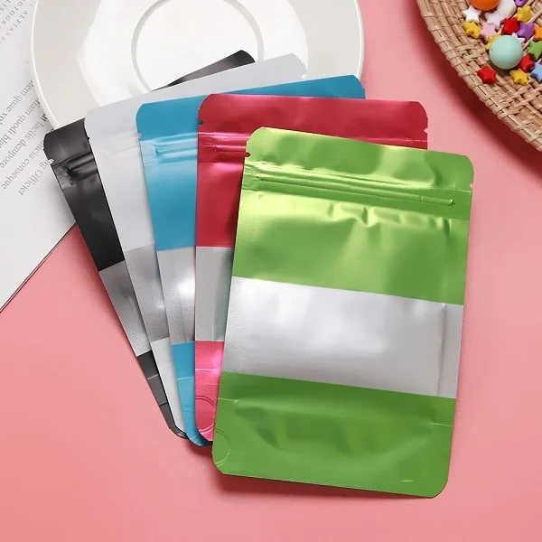 wholesale 100 pack aluminum foil self-supporting plastic ziplock bag food storage stand up bag with matte window