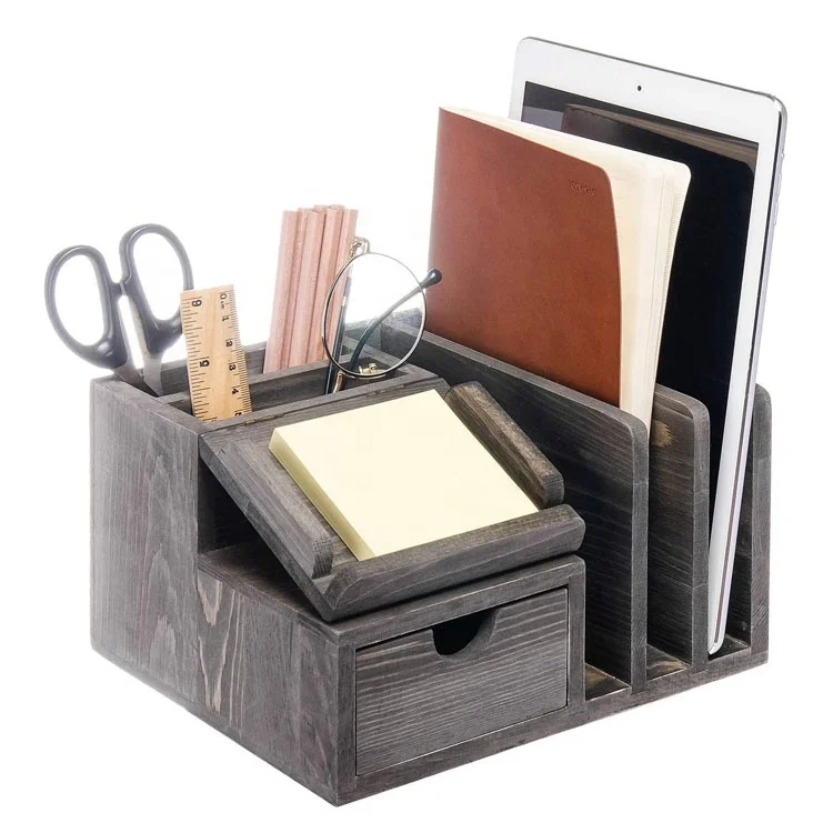 Office Supplies Gray Rustic Wood Desk file storage organizer