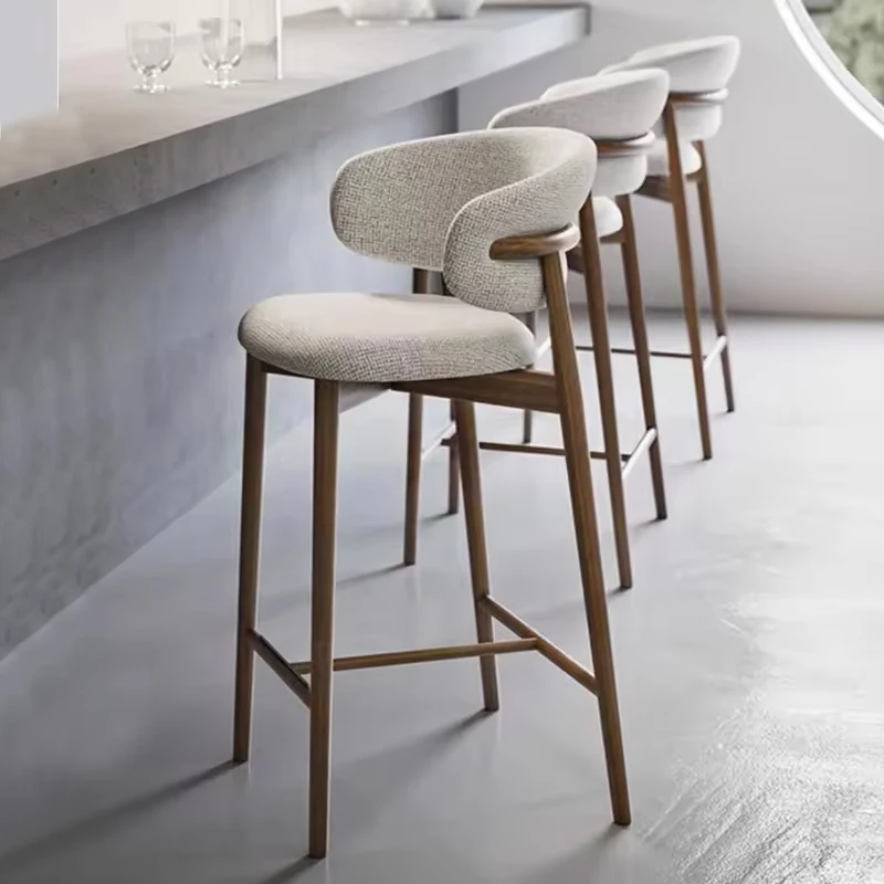 Nordic modern design bar stool high chair solid wood foot linen fabric restaurant chair for hotel dining kitchen
