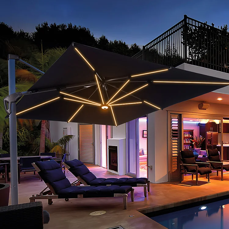 Outdoor  LED Patio Cantilever Umbrella Garden Restaurant Sun Solar Parasol With Lights