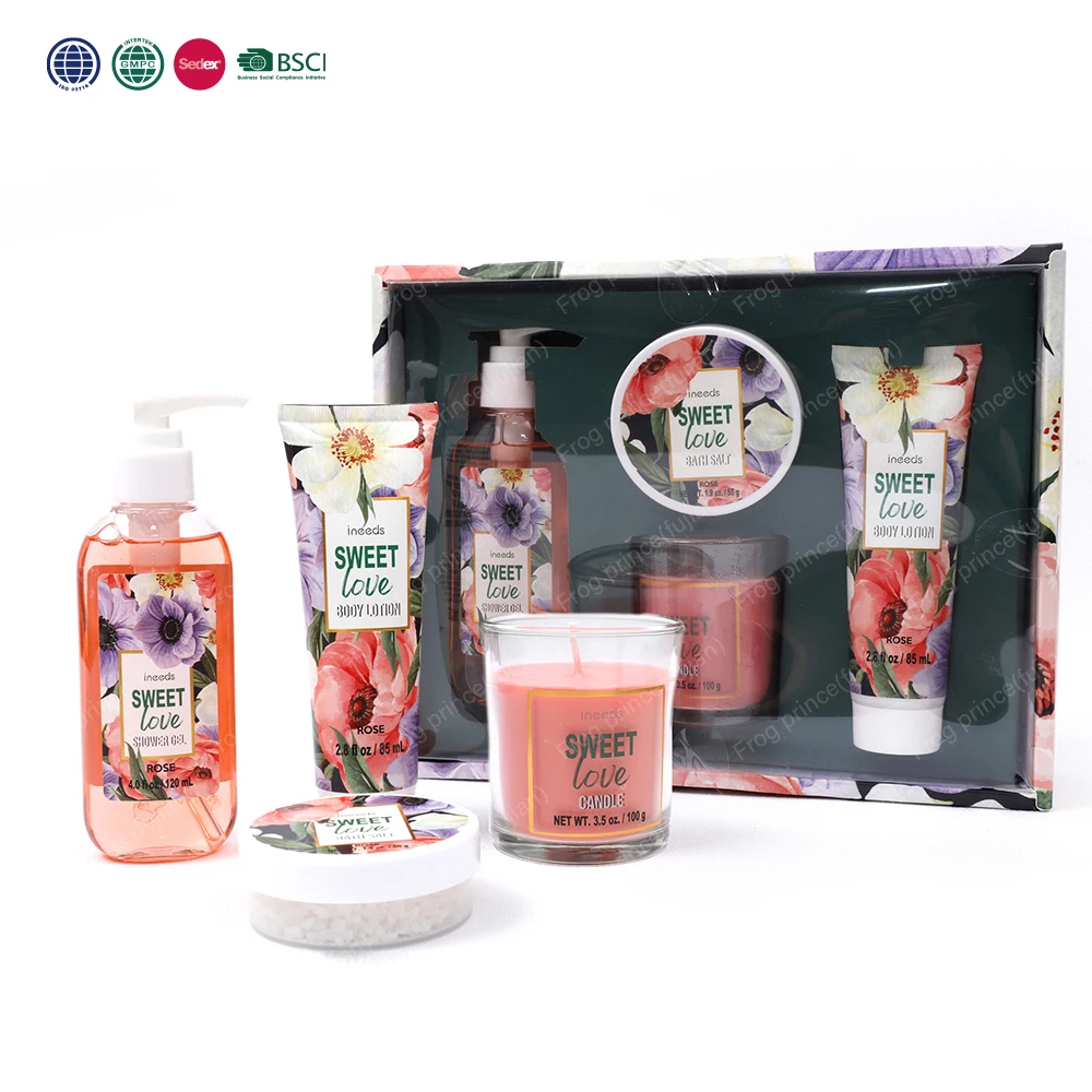 4 Piece Bath Supplies Set Rose Scent Skin Care Set New Includes Scent Candle Bath Salt Spa Gift Set For Women Gifts