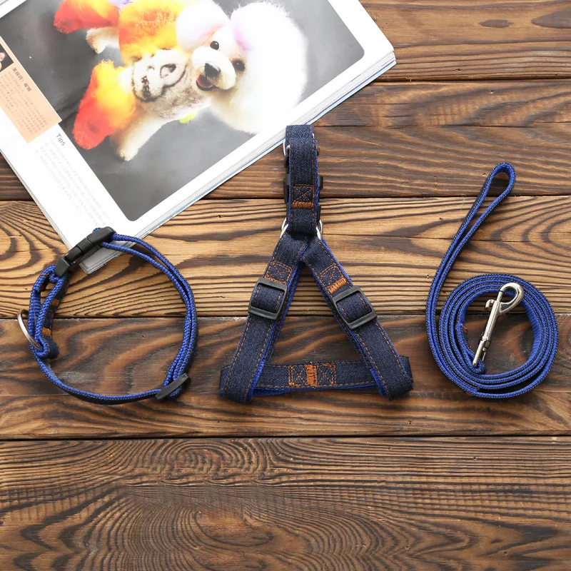Denim Fabric Accessories Collar Leash Dog Harness Set Soft Vest Dog Harness Pet