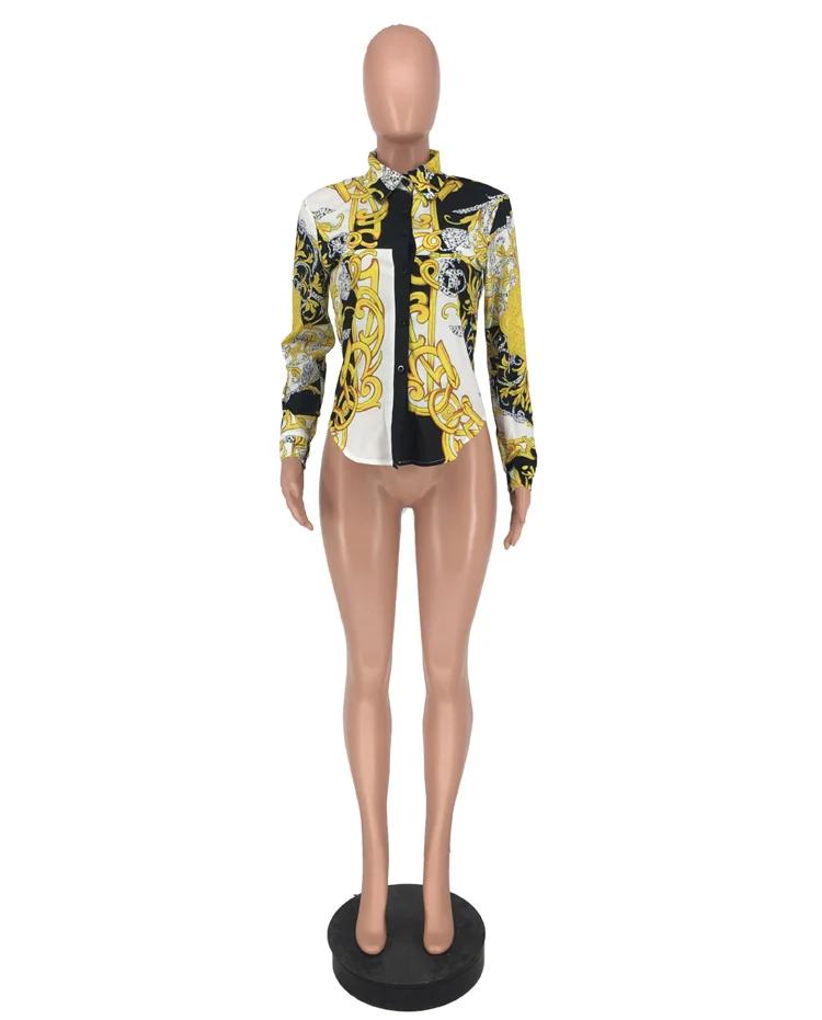 European And American Women's Fashion Sexy Printed Shirt Single-row Button-down Shirt