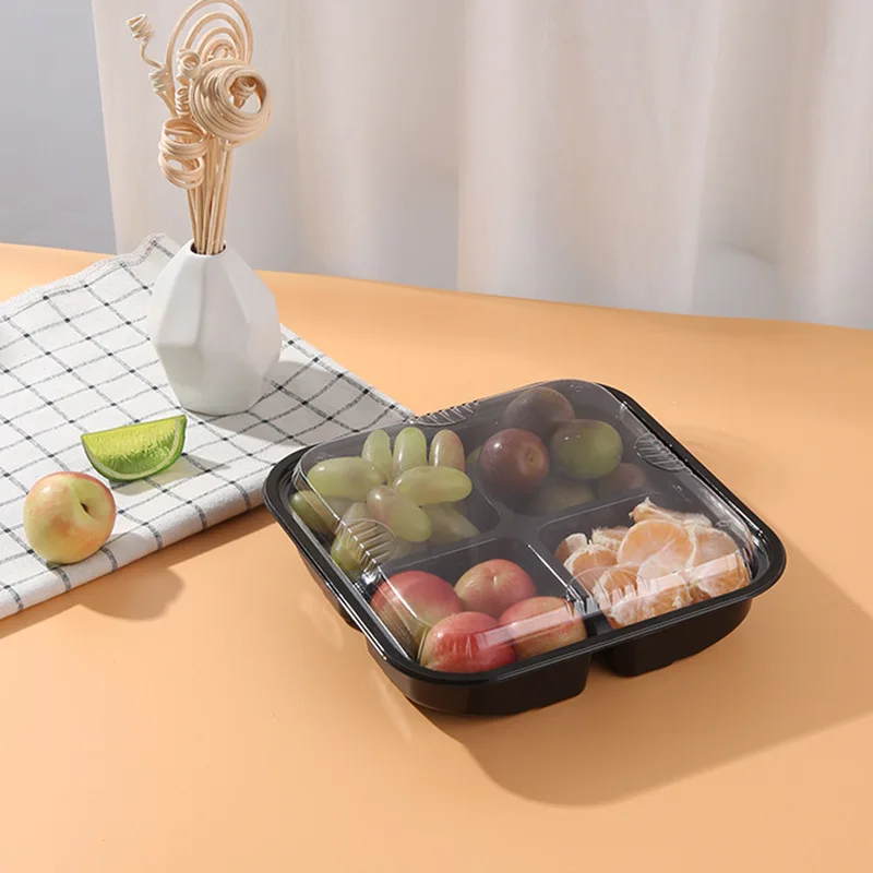 BPA  free disposable food RPET plastic box black take away fruit box 4 compartment tray container with clear lid