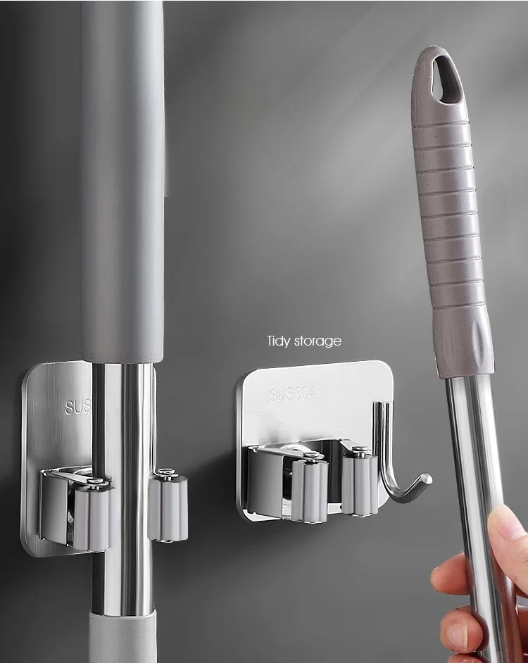 Household Broom Mop Clip Holder Hook Stainless Steel Multi-functional Wall Mounted Bathroom Broom Mop Holder Rack