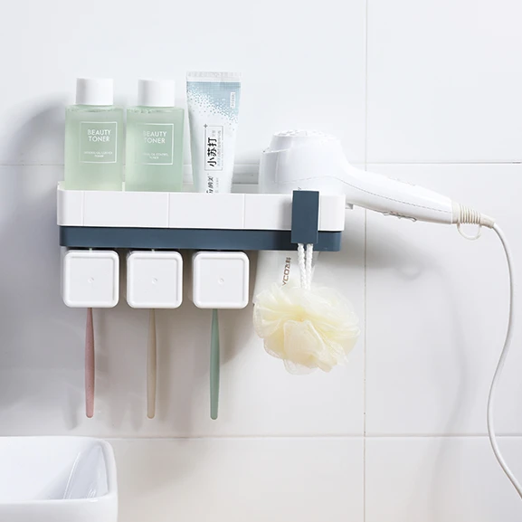 Multi-Functional Wall-Mounted Hair dryer ,Toothbrush and Toothpaste Storage Set,3 Toothbrush Slots, 3 Cups Adhesive