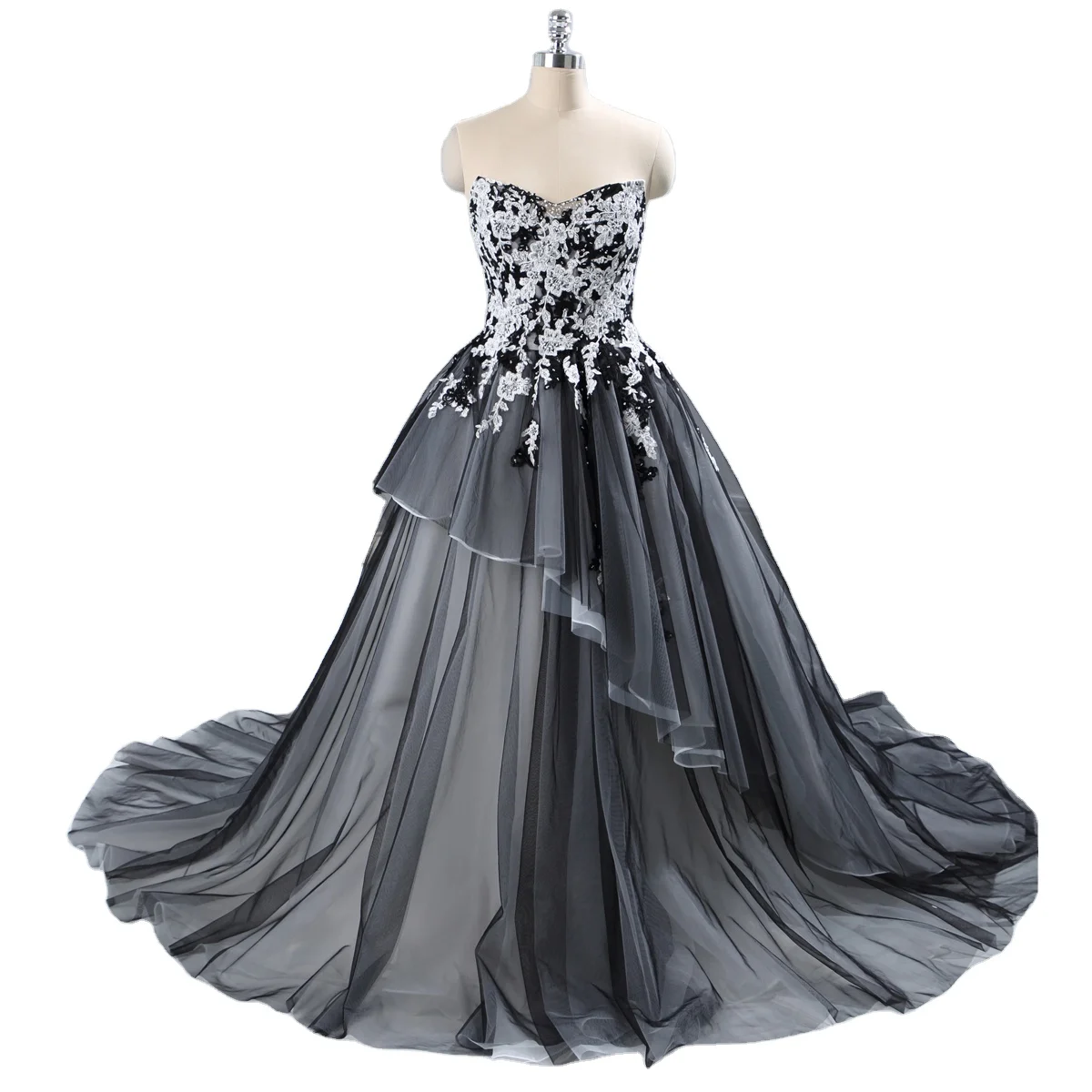 Elegant hot sale new design custom made factory of wedding dresses black and white ball gown ruffle wedding dress for women