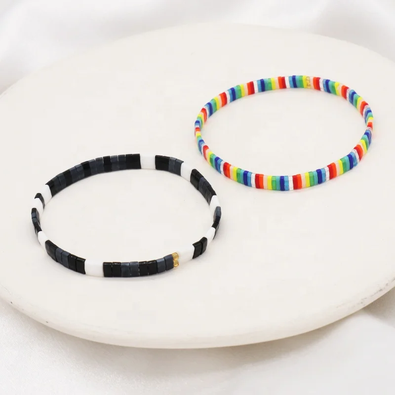 Wholesale Custom Colorful Miyuki Bracelet Jewelry Women Girl Gift Elastic Boho Flat Tila Tile Handmade Miyuki Seed Bead Bracelet