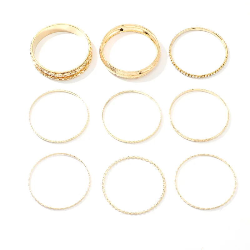 9pcs Fashion Women Jewelry Bulk Gold Plated Girls Charm Boho Diamond Bangle Bracelet Set