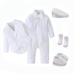Long Sleeve White Ceremony Suit 0 to 18 Months Baby Christening Set Bowtie Jumpsuit Hat Socks Shoes Toddler Boy Baptism Clothes