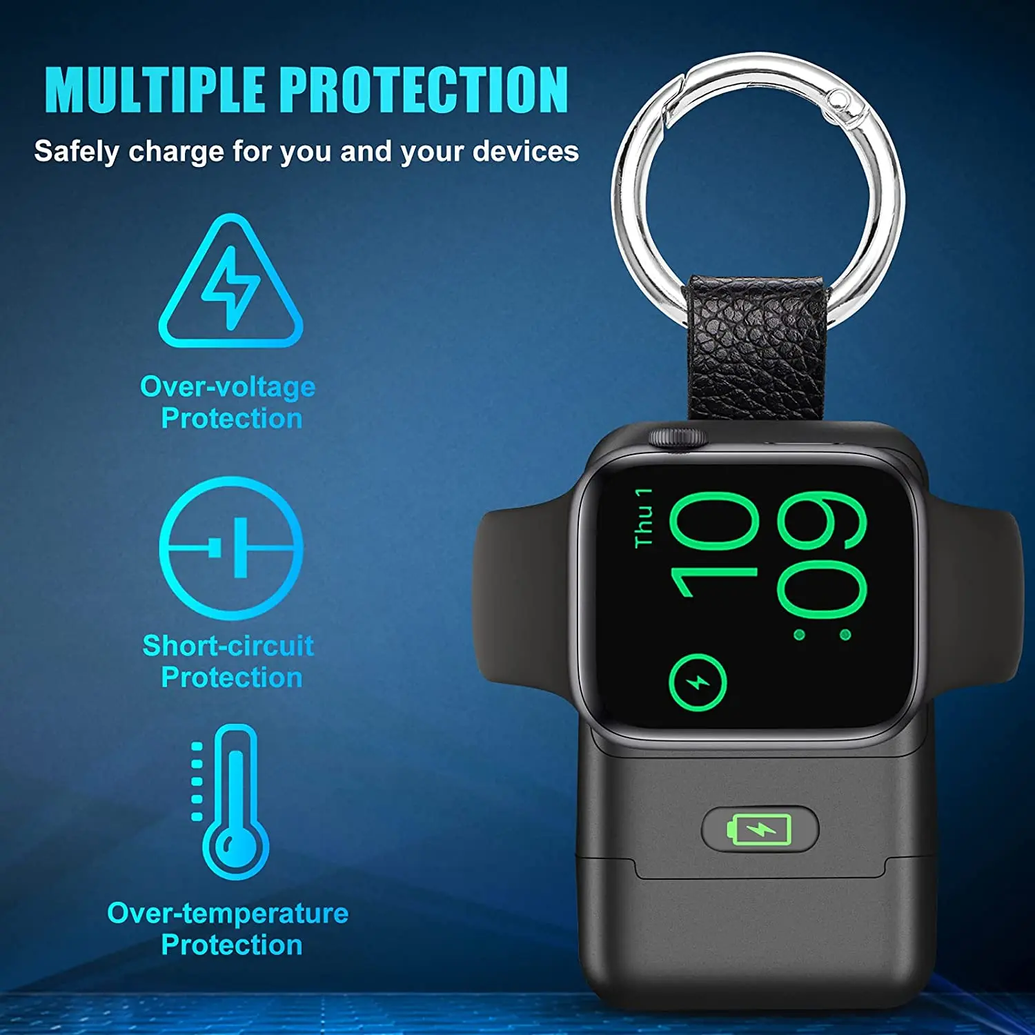 Portable Magnetic Wireless Charger Power Bank Type-C 1400mAh with Keychain for iWatch Series 7/6/SE/5/4/3/2/1/Nike+ (Black)