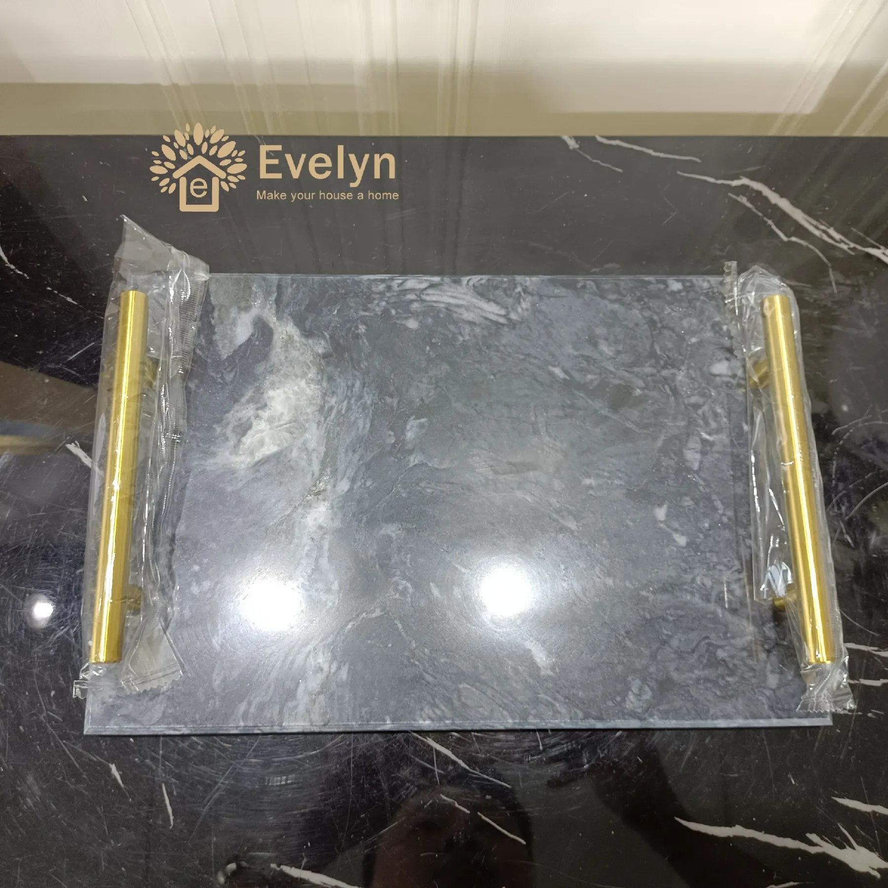 In Stock Hot Selling Rectangular Small Green Grey Hotel Indoor Table Marble Trays With Metal Handle