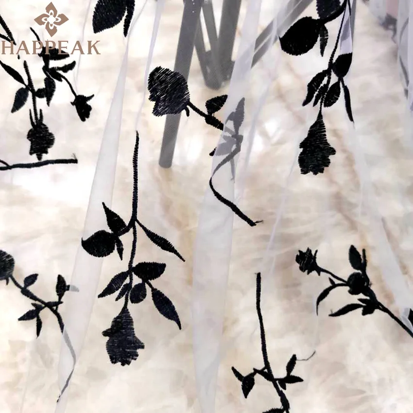 HAPPEAK simple elegant embroidery black rose tulle embroidered fabric for dress