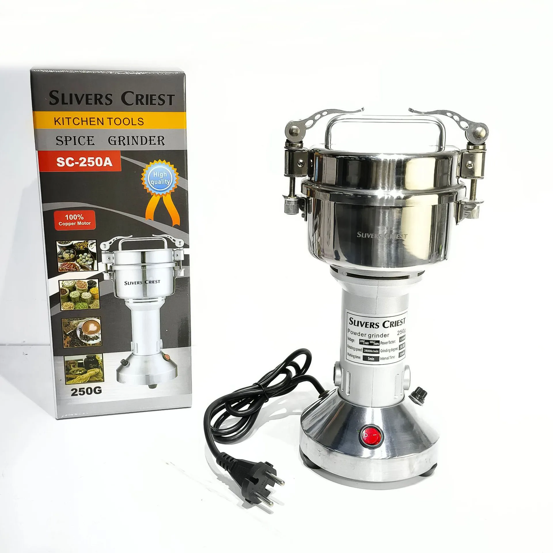 Silver Crest 250g 1200W Electric Grain Mill Grinder Commercial Spice Grinders Stainless Steel Pulverizer Powder Machine