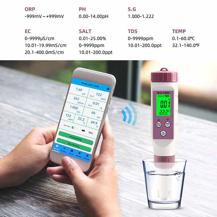 7-in-1 Bluetooth water quality tester APP controls ORPTDS salinity ph meter to detect laboratory aquariums