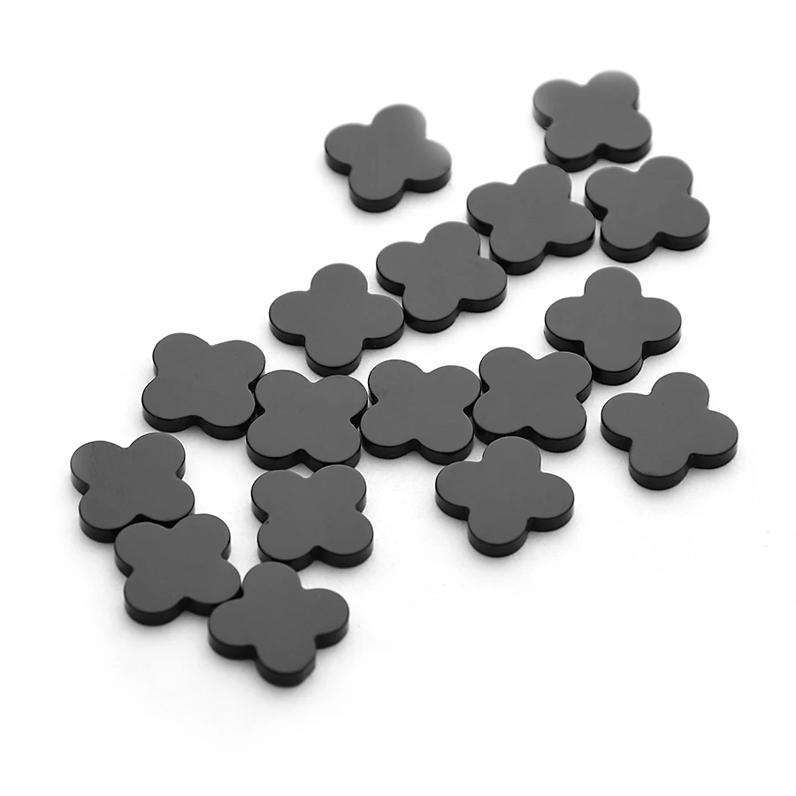 Natural Black Agate Cut Size Shape Wholesale High Quality Four Leaf Clover Double Sided Flat Loose Gemstones Black Agate