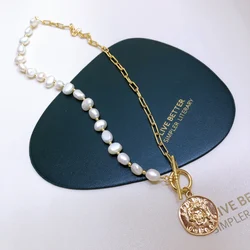 Fashion Asymmetric Baroque Pearl Necklace Gold Plated Thick Link Chain Ancient Greek Coins Portrait Pendant Necklace