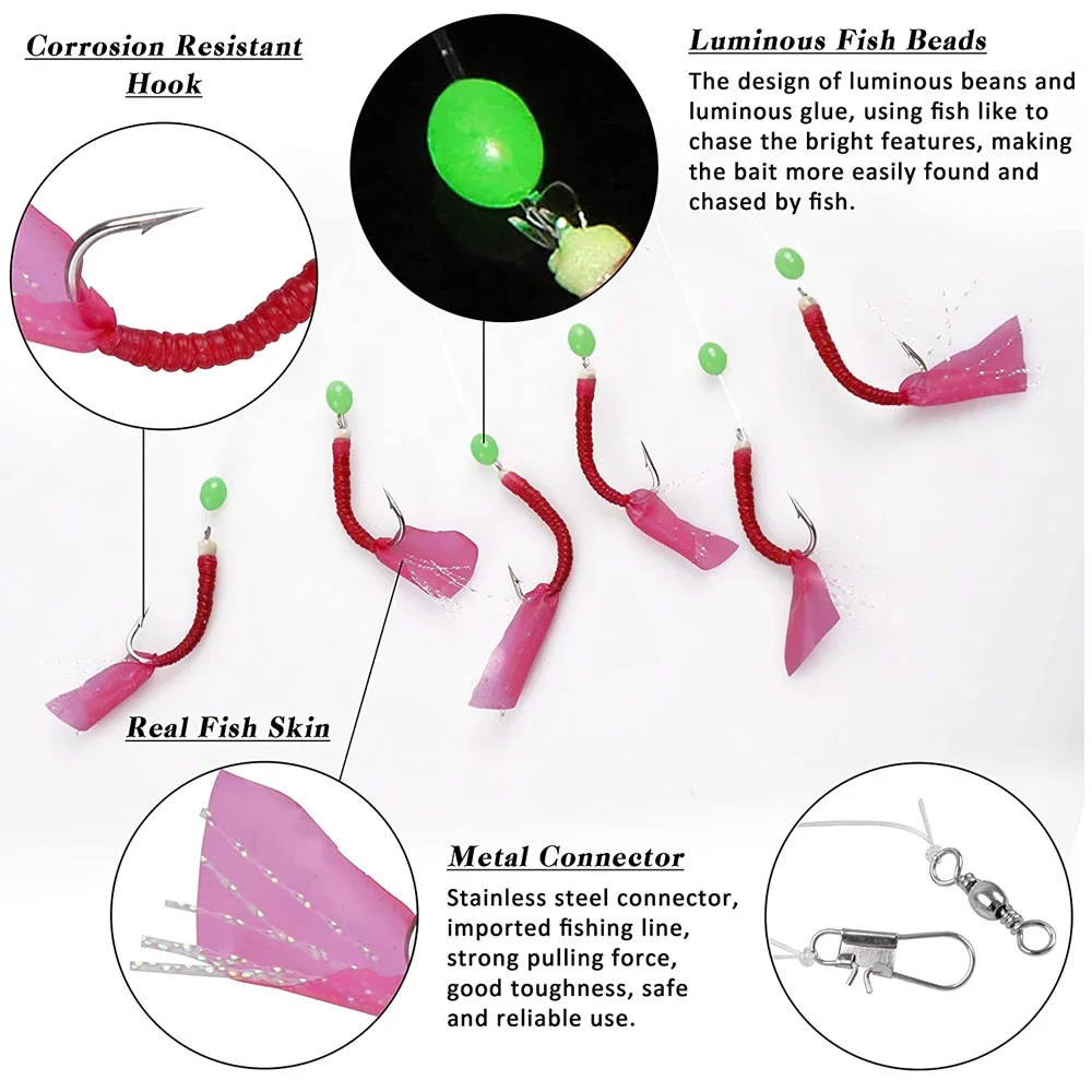 Sea Fishing live bait rigs Red Skin Luminous Beads String hook for Mackerel Small fish Saltwater fishing rig