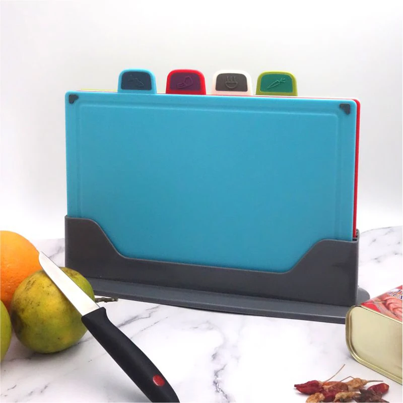 Top Selling Products 2023 Plastic 4PCS Chopping Board With Storage Stand Cutting Board Set for Fish Meat Vegetable Chopper Block