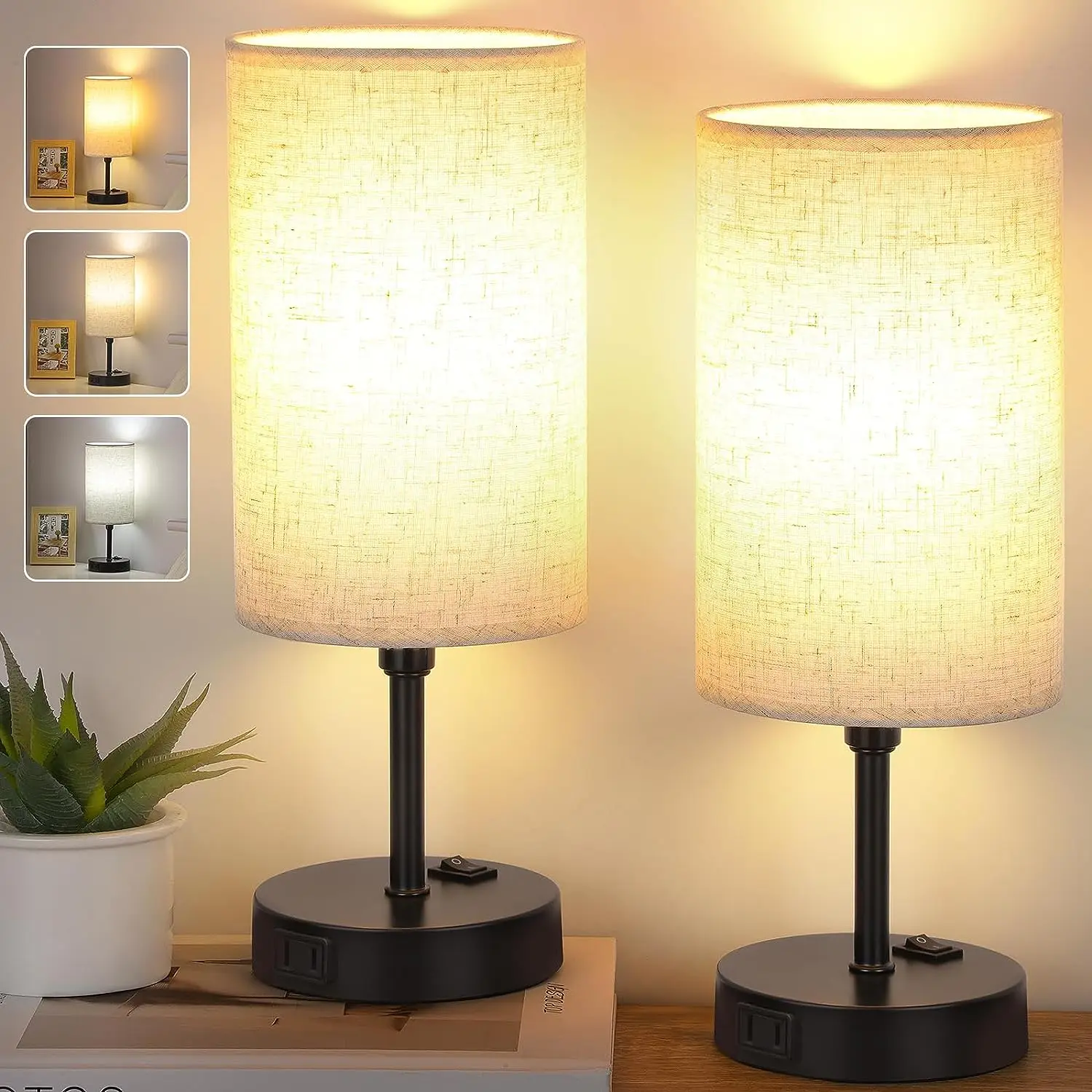 Bedside Table Lamp Color Modes Bedroom Lamps 2700K 3500K 5000K with AC Outlet Linen Cylindrical Lampshade for Livingroom