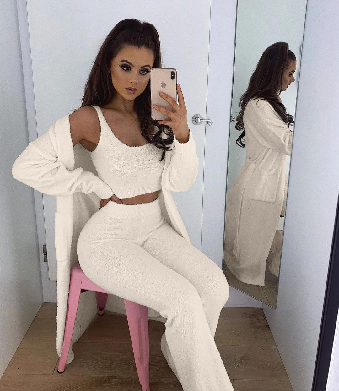 3PCS Women Fleece Tracksuit Crop Top Leggings Cardigan Teddy Bear Loungewear lounge set 3pcs lounge wear Robe sets