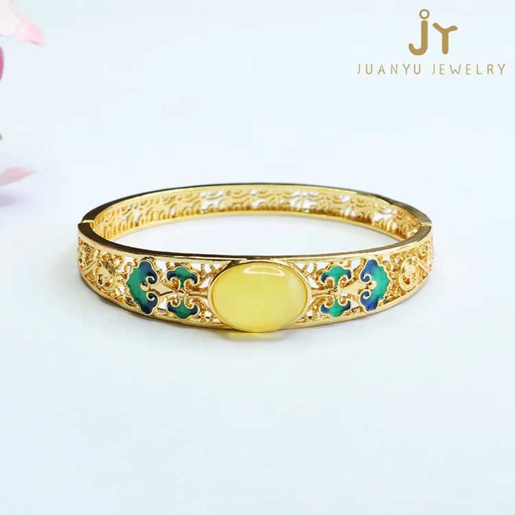 Hollow Out Gold Plated Brass Bangle Fashion Jewelry Cloisonne Amber Bangles for women Natural Stone Amber Bangles Wholesale