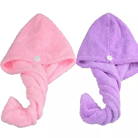 Microfiber Coral Fleece Absorbent Soft Hair Wrap Towel For Woman With Plastic Button