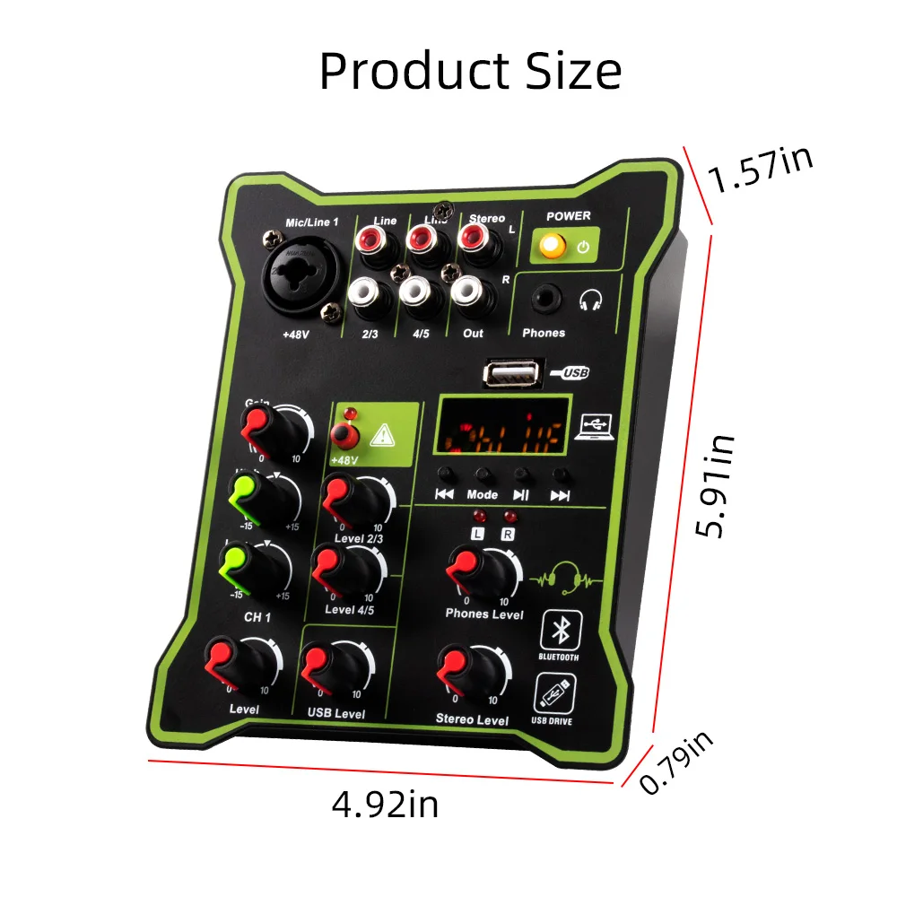 Professional 5 Channel Mixer USB Bluetooth Stage Computer Recording DJ Multi-function Audio Sound Card & Mixer