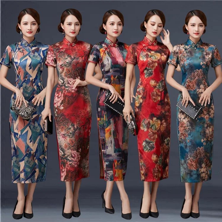 Qipao Dress plus size casual Chinese Traditional Style short sleeve elegant turnbuckle Floral Qipao Dress for middle old age