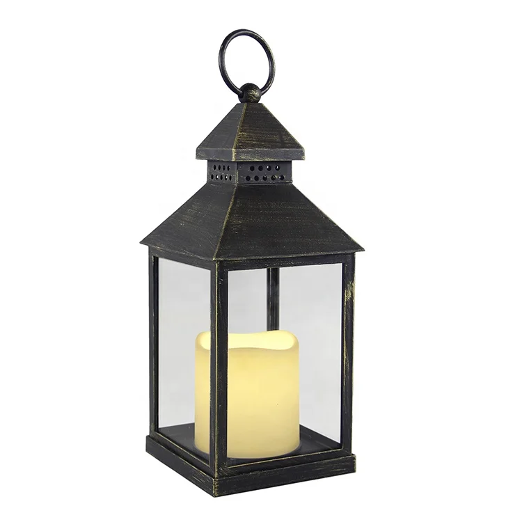 Home Garden Outdoor Decor Festival Bronze Candlestick Holder Gold Brushing Battery Operated Plastic Lantern with LED Candle