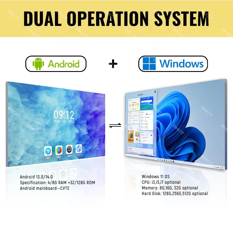 Dual System Android 11 12 13 LED 65 75 86 Inch Interactive Whiteboard Touch Screen 110 Inch Smart Whiteboard For Schools