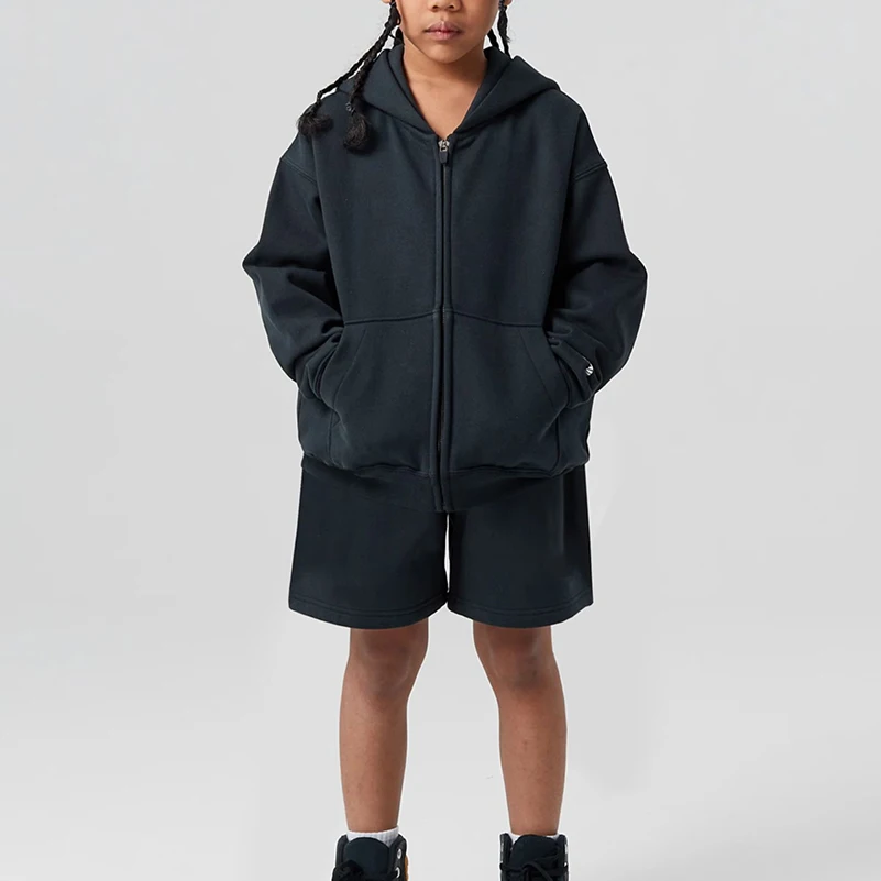 Spring Toddler Sweatsuits Sets Zip Up Hoodie Manufacturer Cotton Sweat Shorts Fleece Cotton Gym Hoodie And Shorts Set Unisex Kid