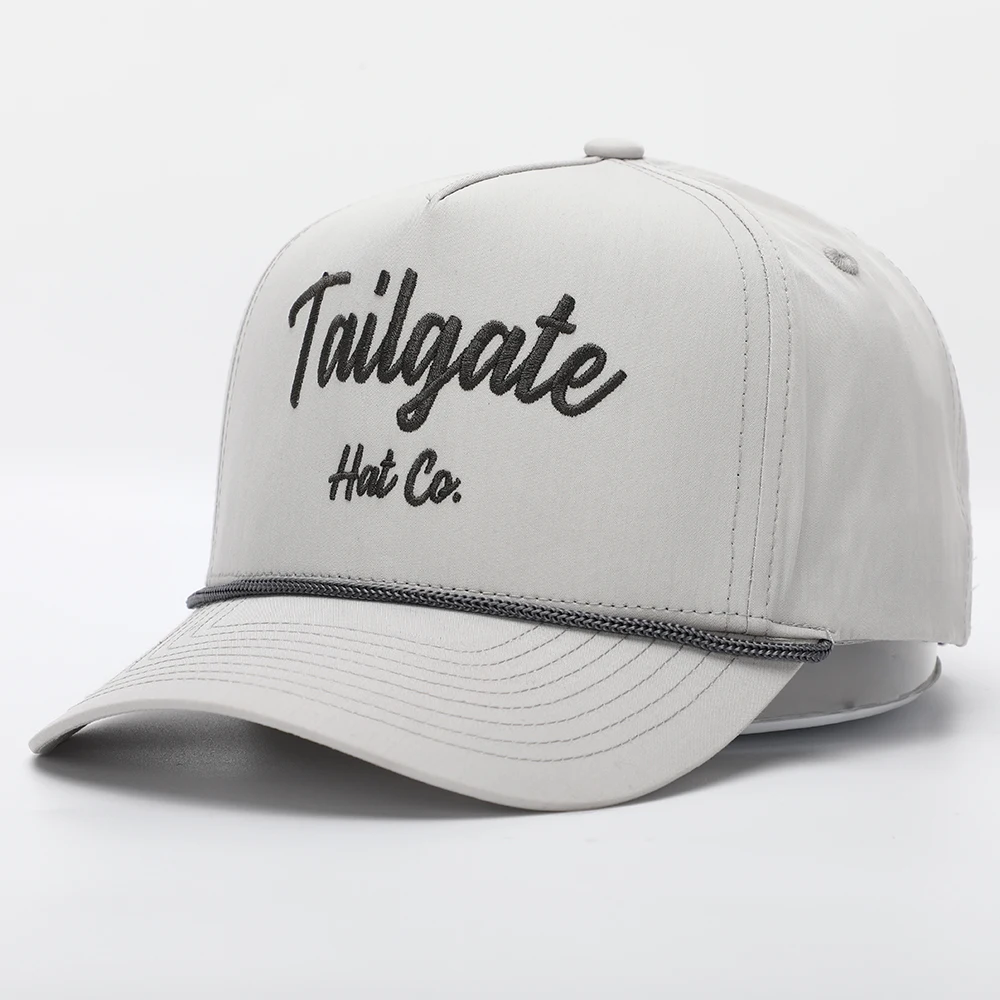 BSCI Factory Custom 5 Panel Grey Rope Hat,High Quality Embroidery Logo Curved Brim Quick Dry Nylon Snap Back Baseball Cap